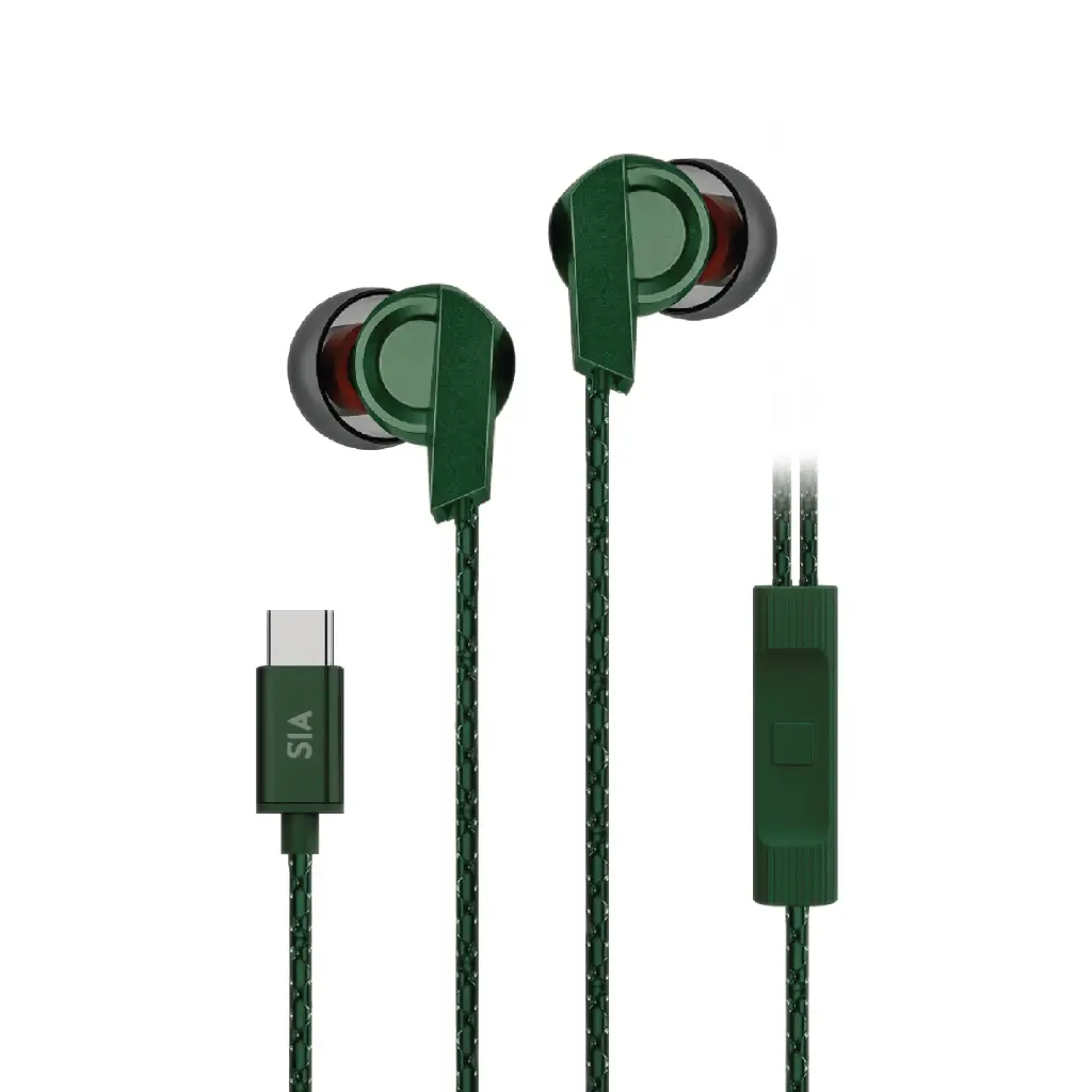 SIA SOUNDLINK -  BRAIDED WIRED TYPE-C EARBUDS WITH MIC AND VOLUME CONTROL 1.2M-ARMY GREEN