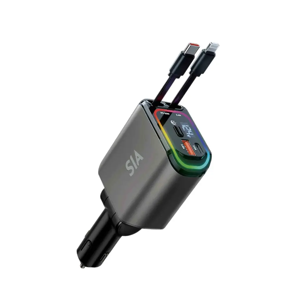 SIA Voltroad 110W car charger with typ-c and lightning built-in retractable cables 90cm and PD/QC ports