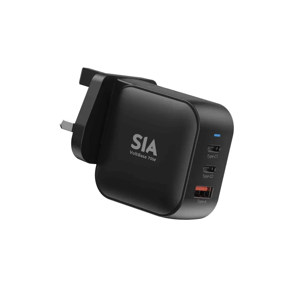 SIA VoltBase Wall Charger Gan PD/PPS/QC 70W 2 Type-C Ports + USB-A Port Black - UK