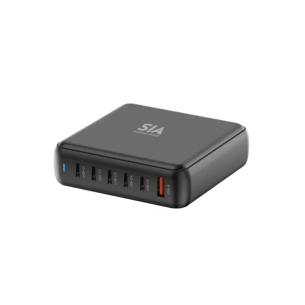 SIA VoltBase Desktop Charger Gan PD/PPS/QC 200W With 5 Type-C Ports and 1 USB-A Port Black - UK