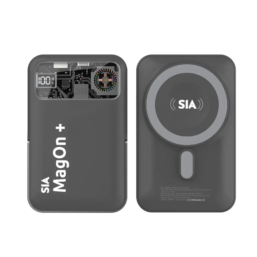 SIA Magon + Magnetic Power Bank With BUILT-IN RGB Cooling Fan and Aluminum Alloy Stand for iPhone and I-Watch PD 20W - Wireless Charging 15W  10000mAh - Gray