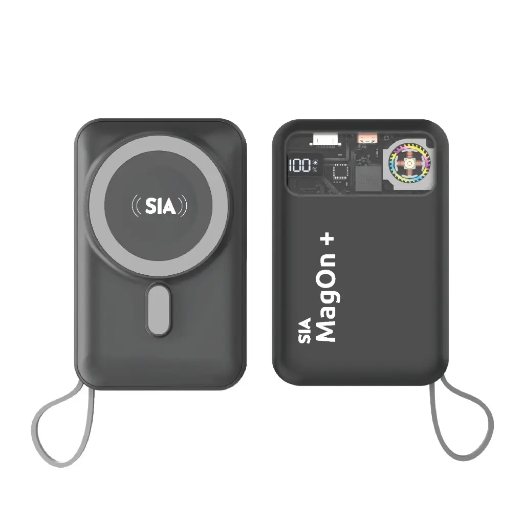 SIA Magon + Magnetic Power Bank - Built in RGB Cooling Fan for iPhone and I-Watch With Type C and Lightining BUILT-IN Cables - PD 20W - Wireless Charging 15W 10000mAh - Gray